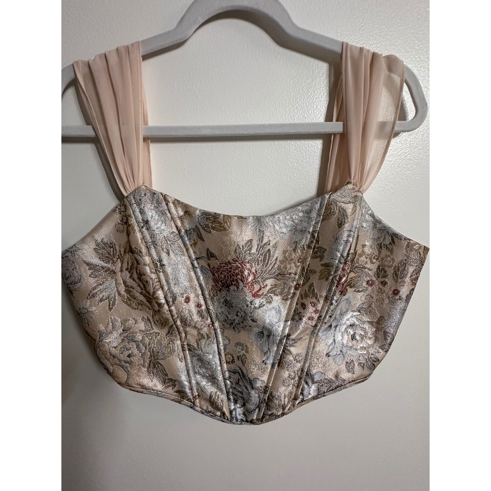 Altar'd State Floral Brocade Corset Top Gold Silver Metallic XL Chiffon Straps